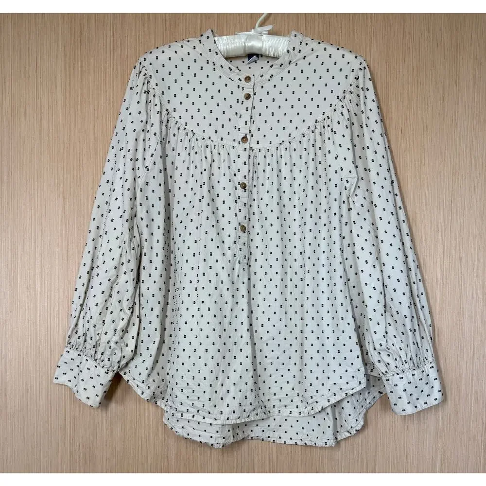 Old Navy Puff Sleeve Black Clip Dot Henley Blouse Size XXL Cream 100% Cotton